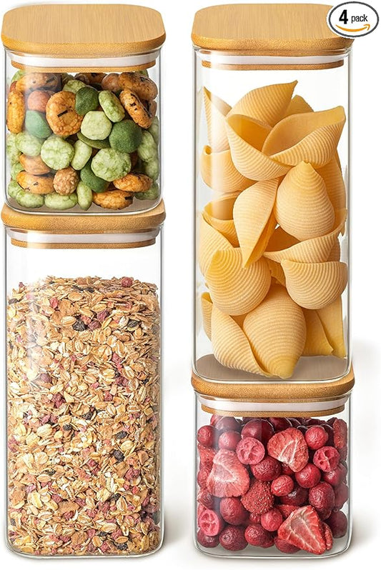Square Glass Food Storage Jars 50 oz & 24 oz - Set of 4 Kitchen Storage Jars with Bamboo Lid Airtight for Coffee, Flour, Pasta, Cereal, Cookie, Spice and More