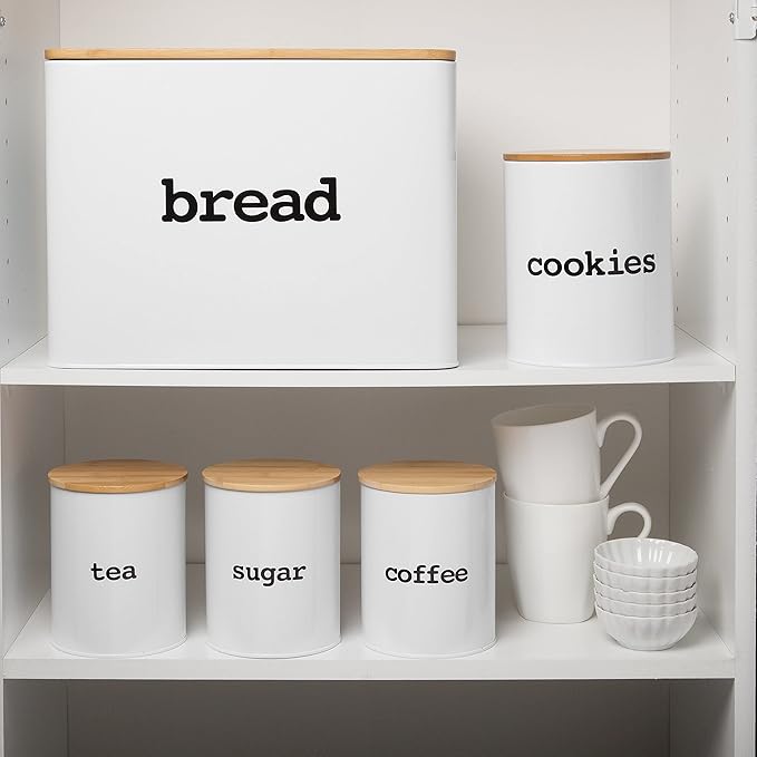 Airtight Metal Canister Set for the Kitchen w Lids and Cutting Board and Lids (10pc Set) - Organize Tea, Sugar, Coffee, Cookie Jar, Snacks, Breadbox with Ease - Kitchen Gift for the Cooking Enthusiast