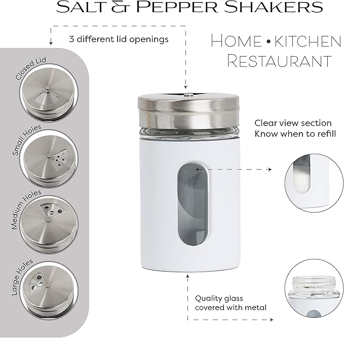 White Salt Pepper Shakers Retro Spice Jars Glass - Set of 2