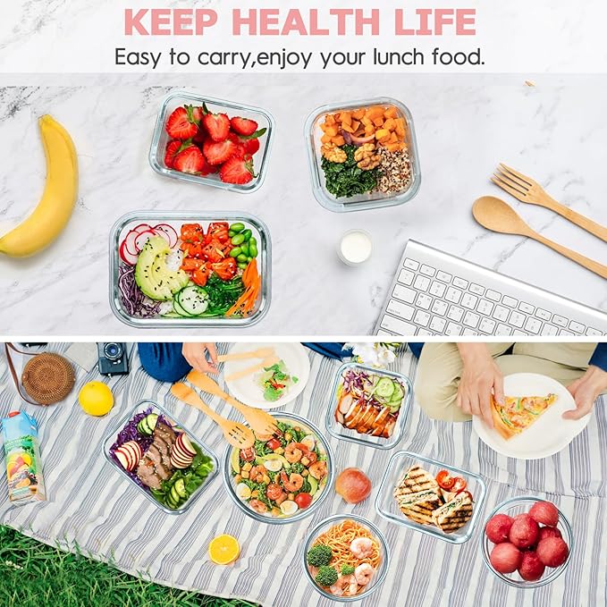 34pcs Glass Food Storage Containers with Lids Set, Airtight Glass Meal Prep Containers (17 Containers & 17 Lids), Leak Proof Lunch Containers BPA-Free, Microwave, Oven, Freezer, Dishwasher Safe-PINK