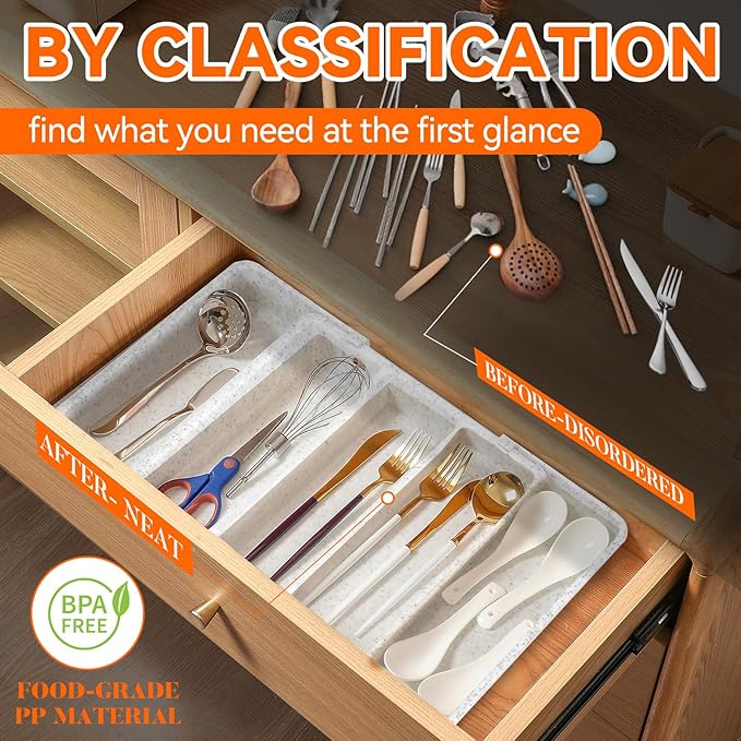 Utensil Drawer Organizer for Kitchen Cutlery, Expandable Large Silverware Organizer, Adjustable Cooking Utensil Tray, Plastic Spatula Tools and Gadgets Storage Divider, Marble Design, White