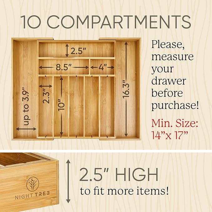 Night Tree Deep Bamboo Drawer Organizer – Expandable Utensil and Silverware Tray for Kitchen Cutlery and Flatware, Large Size (21.6" or 13.7" x 17" x 2.5")