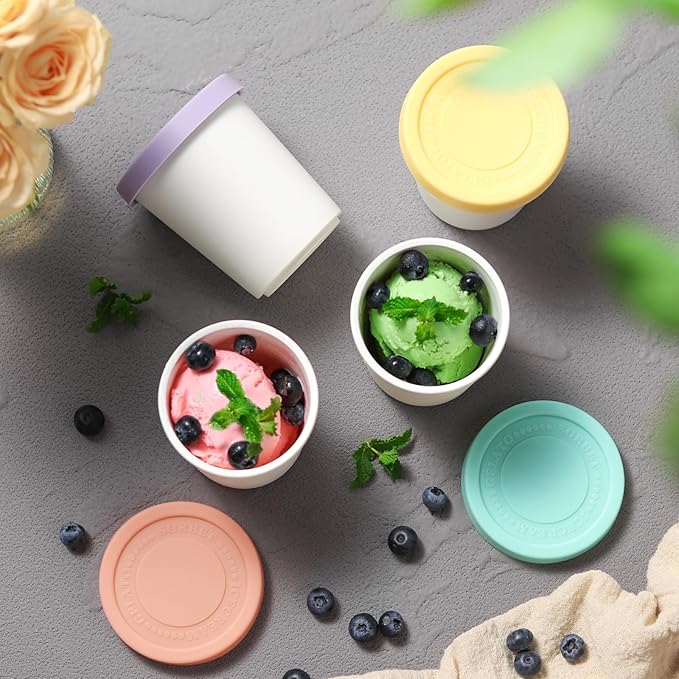 Set of 4 Ice Cream Containers for Homemade Ice Cream（6.8oz. Each），Reusable Plastic Storage Containers Cups with Lids for Freezer，Stackable Storage Container for Gelato，Yogurt, Sorbet