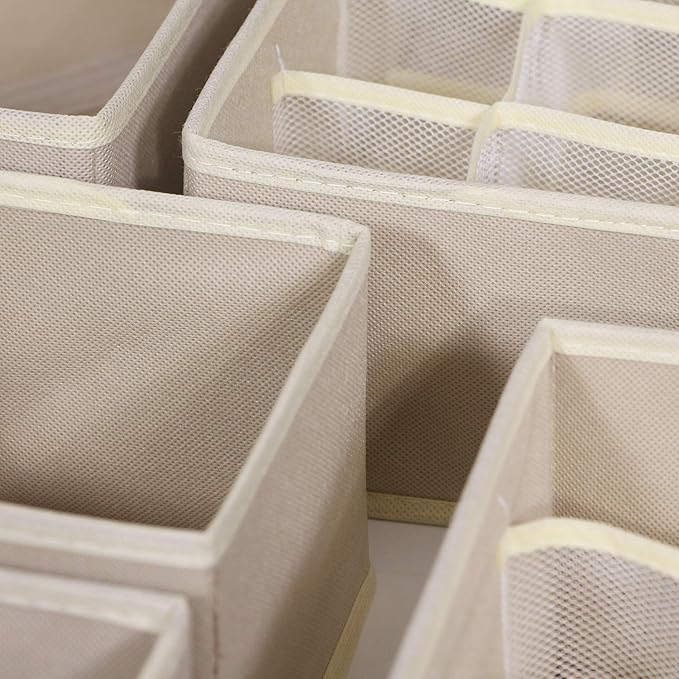 12 Pack Foldable Drawer Organizer Dividers Cloth Storage Box Closet Dresser Organizer Cube Fabric Containers Basket Bins for Underwear Bras Socks Panties Lingeries Nursery Baby Clothes Beige