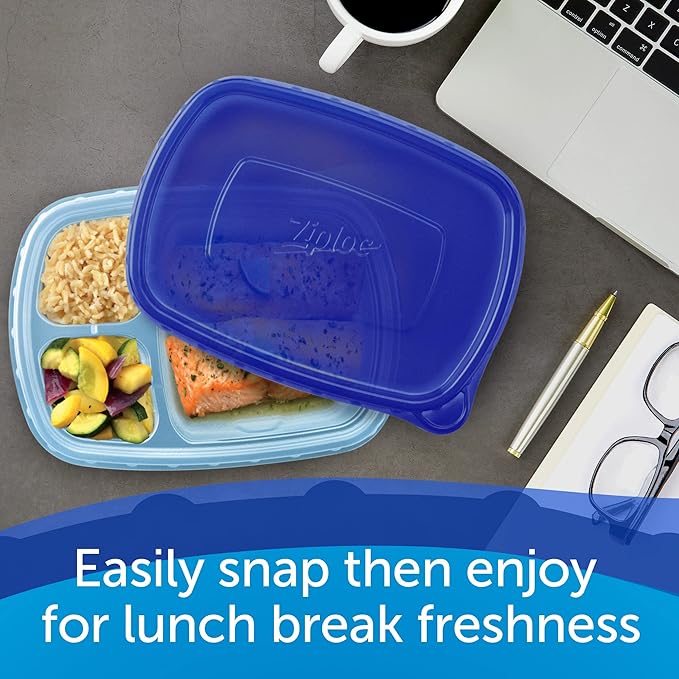 Ziploc Food Storage Meal Prep Containers Reusable for Kitchen Organization, Smart Snap Technology, Dishwasher Safe, Divided Rectangle, 8 Count
