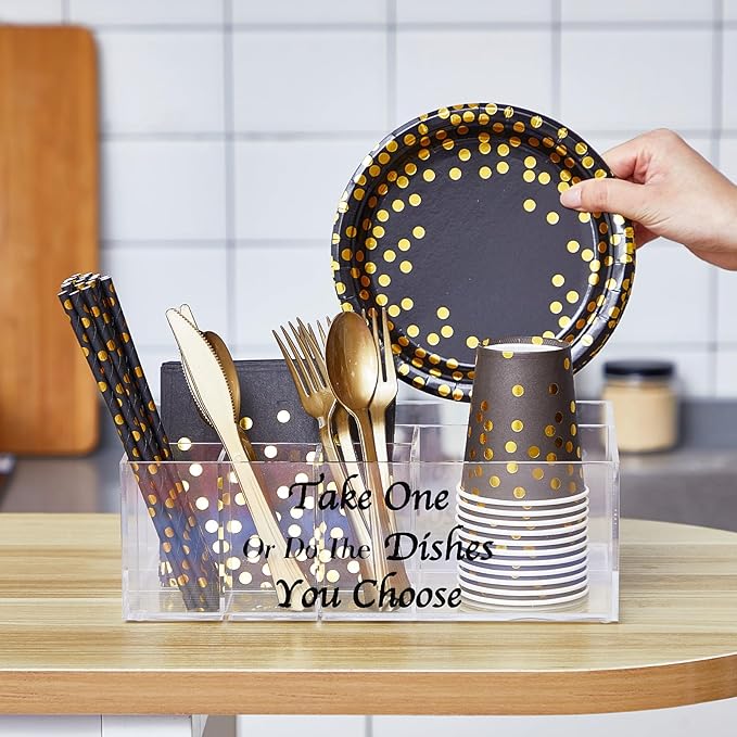 Hushee Utensil Holder Silverware Caddy Acrylic Paper Plate Dispenser Holders for Napkins Flatware Spoon Fork Knife with 6 Compartments for Party Camping Picnic(Funny)