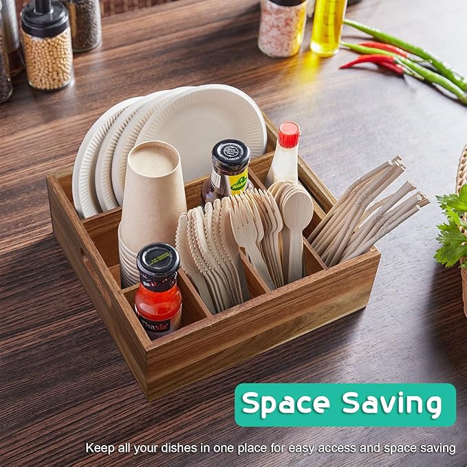 ALELION Acacia Wood Utensil Holder for Party - Paper Plate Organizer for Countertop - Silverware Caddy with 6 Compartments for Plate, Cup, Fork, Spoon - Cutlery Holder for Kitchen Camping Buffet