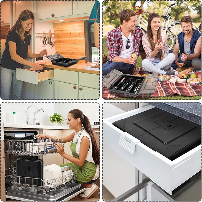 Silverware Organizer with Cover, Portable Cutlery Holder Flatware Tray with Lid Plastic Silverware Storage Box 5 Compartments for Kitchen Drawer (black)