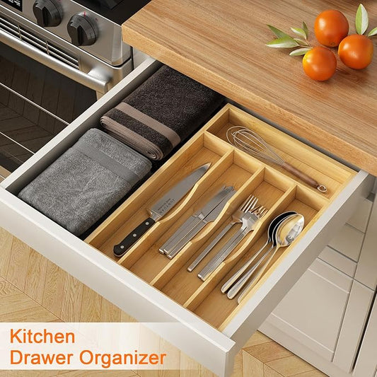 Bamboo Utensil Organizer for Kitchen Drawers, Utensil Tray and Cutlery Silverware Holder,Wood Drawer Dividers with 5 Slots（2 pack）