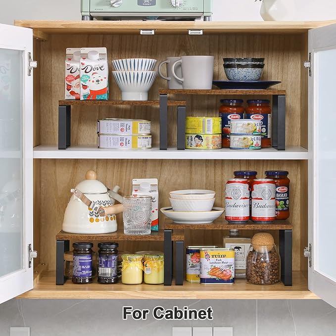 YMYNY Cabinet Shelf Organizer, Spice Racks Set of 4, Kitchen Counter Shelves, Stackable, Cupboard Organizer for Dishes, Seasoning, Cosmetics, Cans, Coffee Mugs, Rustic Brown, UHSR002H-2