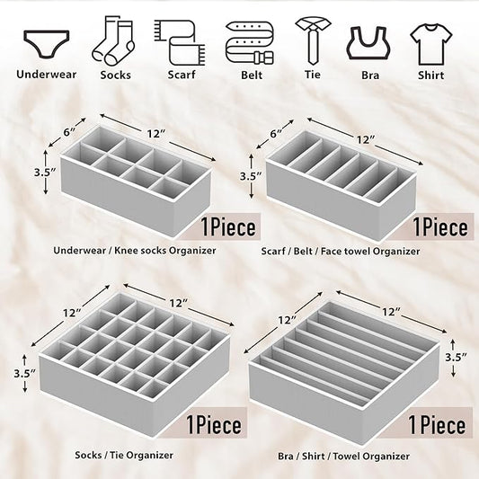 Simple Houseware 4-Pack Drawer Organizer Set - Closet Dividers for Underwear, Socks, Bras, Scarves, Ties - Foldable Non-Woven Storage Boxes, Gray