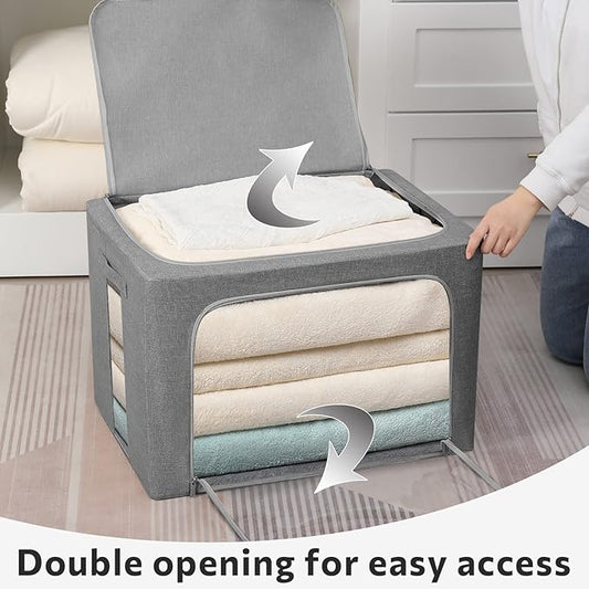 2 Pack Clear Window Storage Bins Stackable Linen Fabric Storage for Clothes Foldable Box Organizer Set with Carrying Handles-36L (Gray, 15.7x 11.8x 11.7 Inch)