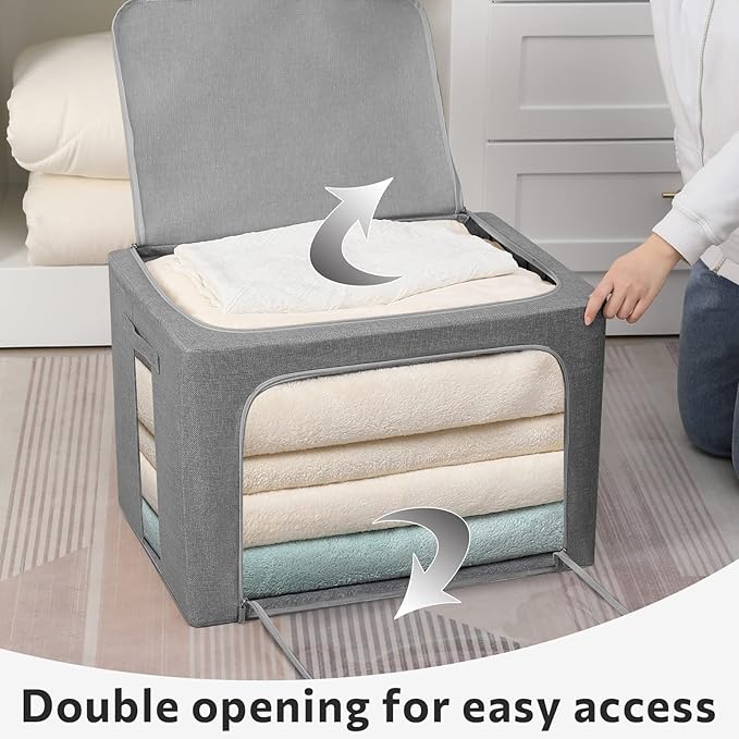 2 Pack Clear Window Storage Bins Large Foldable Fabric Storage Bins Boxes for Clothes Stackable Organizer Set with Carrying Handles19.7X 15.7X 12.6 Inches