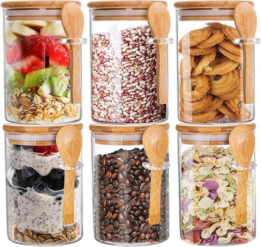 ZOOFOX 6 Pack Glass Jars with Airtight Lid and Spoon, Overnight Oats Container, 17 oz Clear Kitchen Container for Candy, Cookie, Coffee Beans, Snacks, Spices, Dry Goods