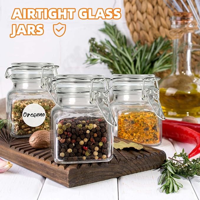 Spice Jars 20 Pack Small 4 oz Glass Jars with Airtight Hinged Lids, Spice Herb Jars with Labels and Silicone Funnels, 4oz Glass Jars with Lids Ideal for Spice Herbs