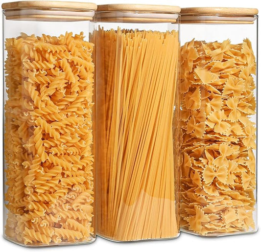 ComSaf Glass Spaghetti Pasta Storage Containers with Lids 73oz Set of 3, Tall Clear Airtight Food Storage Jar with Lid for Noodles Flour Oat Cereal Sugar Beans, Sqaure Spaghetti Pantry Containers