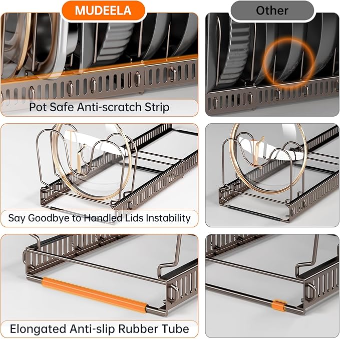 MUDEELA Pots and Pans Organizer under Cabinet, Expandable Pan Organizers inside Cabinet with 12 Adjustable Dividers, Kitchen Cabinet Organizers and Storage for Cutting Board, Cast-iron Pan