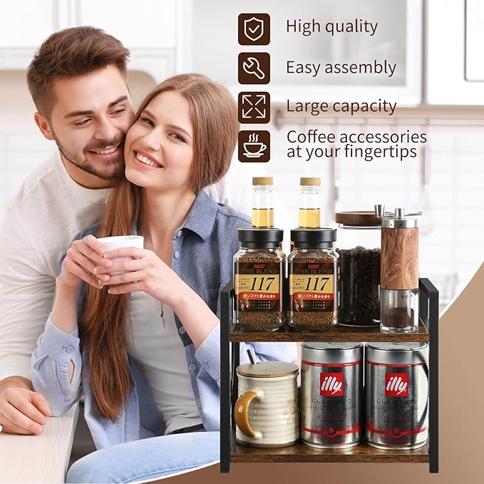 YINMIT Countertop Shelf Organizer,Coffee Bar Accessories,Spice Rack,Coffee Counter Shelf,2 Tier Coffee Organizer Station for Mugs,Cups,Cream,Syrup(Rustic Brown, Small)