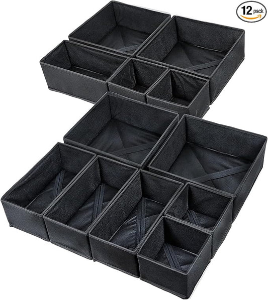 12 Pack Drawer Organizers for Clothing, Foldable Clothes Organizer Underwear, Folded Clothes, Baby Socks, Bra, Towels, Ties - Multi-pack Storage Box (Black)