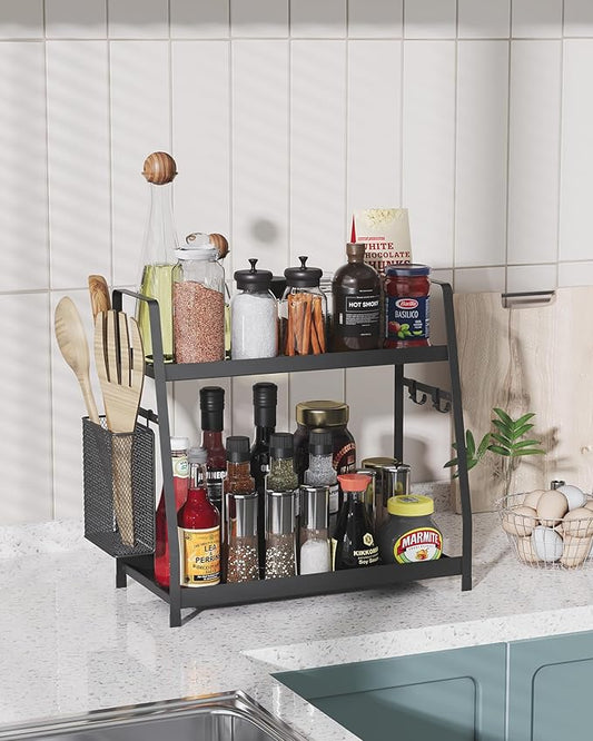 OROPY 2 Tier Spice Rack for Countertop, Metal Standing Kitchen Storage Organizer Shelf, Counter Shelf for Cabinet,Pantry,Bathroom,Bedroom, with Hanging Basket