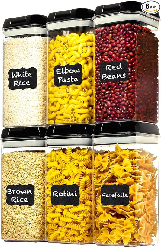Shazo Airtight Food Storage Containers with Lids - 6 PC BPA Free Clear Plastic Cereal Containers with Easy Lock Lids for Kitchen and Pantry Organization for Snacks and Pasta - 1.2 L