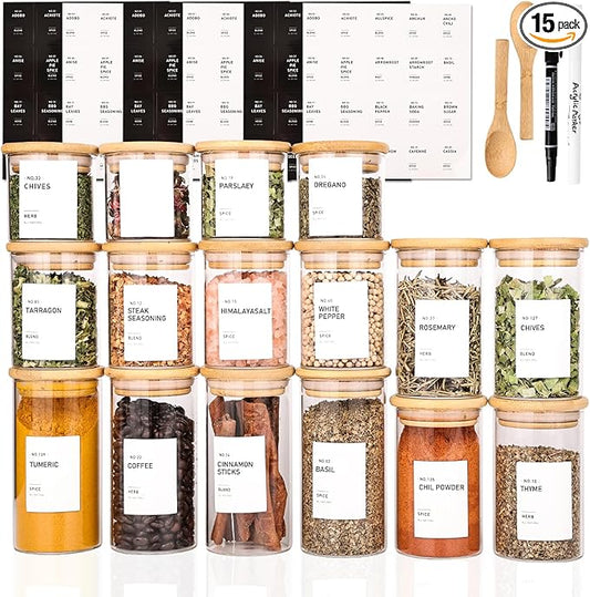 16Pcs Round Glass Spice Jars with Bamboo Lids, include 4oz, 6oz, 8oz, 10oz Empty Containers With 340 Spice Labels Preprinted of White and Black Color, Spice Bottles for Seasoning Organizer