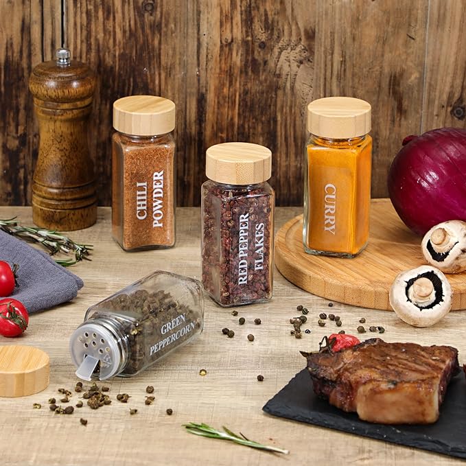 NETANY 24 Pcs Glass Spice Jars with Bamboo Lids, 4 oz Glass Jars with Minimalist Farmhouse Spice Labels Stickers, Collapsible Funnel, Seasoning Storage Bottles for Spice Rack, Cabinet, Drawer