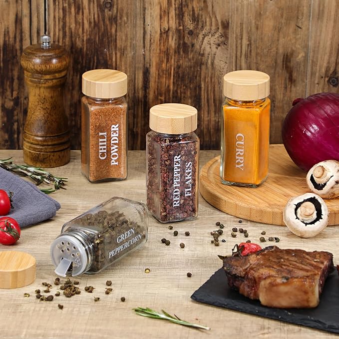 NETANY 24 Pcs Glass Spice Jars with Bamboo Lids, 4 oz Glass Jars with Minimalist Farmhouse Spice Labels Stickers, Collapsible Funnel, Seasoning Storage Bottles for Spice Rack, Cabinet, Drawer
