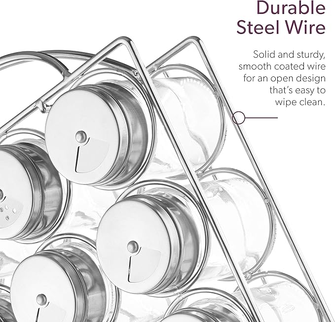 Mindspace Spice Rack Organizer with Set of 20 Glass Spice Jars Included Spices and Seasoning Rack for Countertop or Cabinet | The Wire Collection, Chrome (Spices NOT Included)