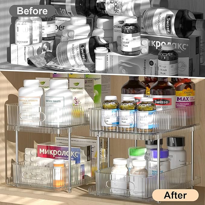 Fowooyeen 2 Pack Bathroom Cabinet Organizer, 2 Tier Pull Out Clear Under Sink Organizers and Storage, Multi-Purpose Kitchen Pantry Medicine Organization and Storage Shelves Bins with Movable Dividers