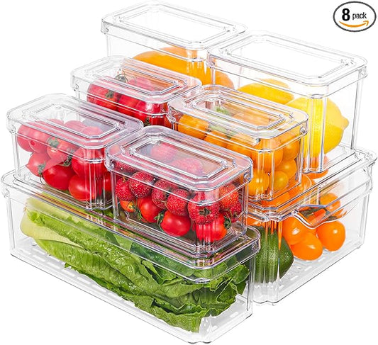 Moretoes 8 Pack Fridge Organizer Bins, Stackable Fridge Organizers with Lids, BPA-Free Clear Storage Bins for Fridge, Freezer, Kitchen, Cabinet, Pantry
