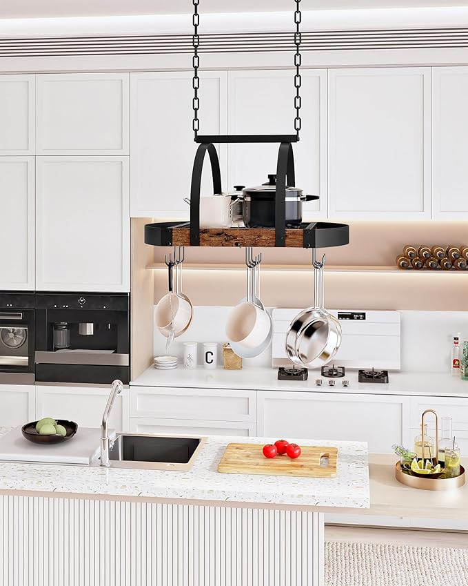 Hanging Pot Rack, Pot Hanger for Kitchen, Ceiling Mounted Pot Holder, Cookware Organizer with 9 S-Shaped Hooks, for Pot, Pan Storage, Space-Saving, Rustic Brown and Black TPR07BF