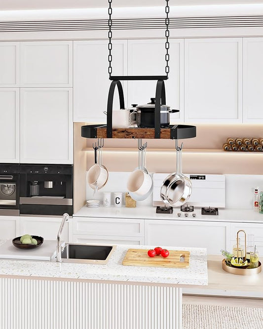 Hanging Pot Rack, Pot Hanger for Kitchen, Ceiling Mounted Pot Holder, Cookware Organizer with 9 S-Shaped Hooks, for Pot, Pan Storage, Space-Saving, Rustic Brown and Black TPR07BF