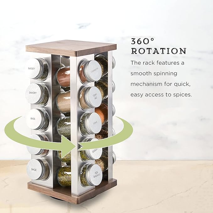 Kamenstein 20 Jar Vintage Revolving Countertop Spice Rack Organizer with Spices Included, FREE Spice Refills for 5 Years, Wood and Stainless Steel with Metal Caps