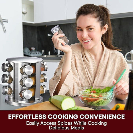 Vdomus Spice Organizer Rack Sets - Rotating Seasoning Jars, Spice - Seasoning Container Rack for Kitchen Countertop & Cabinet - Premium Stainless Steel - Essential Kitchen Organizers