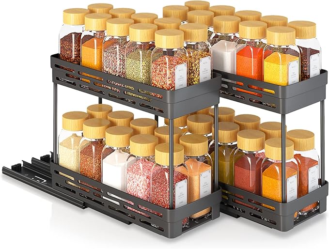 3 Packs Pull Out Spice Rack Organizer for Cabinet, Slide Out Spice Racks Organizer, Easy to Install Spice Cabinet Organizers, 4.33''Wx10.4''Dx8.5''H, Each Tier Hold 10 Spice Jars - 2 Tier
