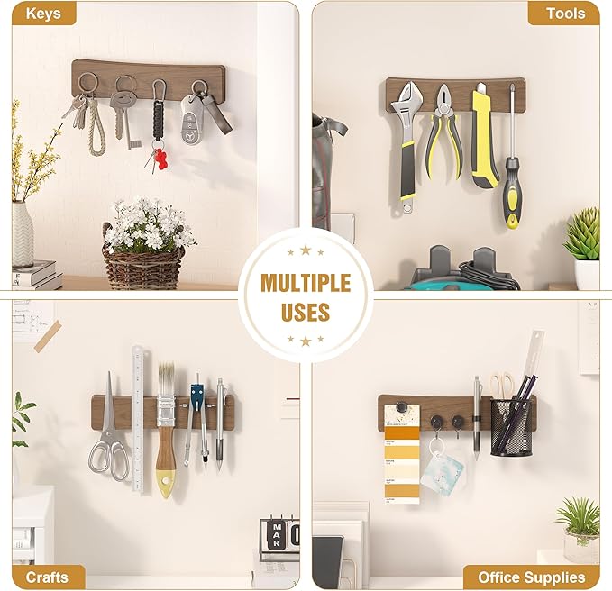 Magnetic Knife Holder for Wall, 10" Acacia Wood No Drill Knife Magnet Strip Use as Tool Key Storage Knife Bar, Powerful Wall Mounted Magnetic Knife Rack for Refrigerator & Kitchen Utensil Organizer