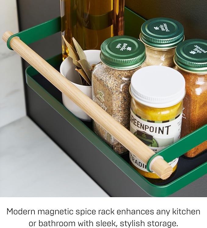 YAMAZAKI Home Strategist Magnetic Spice Storage Rack Organizer For Fridge - Steel + Wood