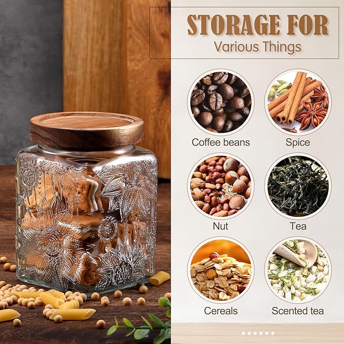 Suclain 5 Pcs Sunflower Vintage Glass Jars with Bamboo Lid 17/24/34 oz Glass Food Containers Storage for Kitchen Counter Pantry Sugar Flour Coffee Tea Candy Oats Cereal