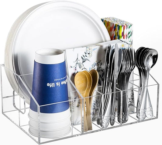 Utensil Silverware Caddy for Party Acrylic Paper Plate Dispenser Holders Organizer Lazy Susan Buffet Caddy for Plastic Plates Napkins Cup Flatware Cutlery, Hosting Entertaining Essentials for Picnic