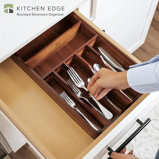Silverware Organizer - Cutlery, Flatware, and Utensil Holder for Kitchen Drawers, Fixed 10.5” Width, 7 Storage Compartments, Non-Slip Feet, Rounded Corners, Acacia Wood