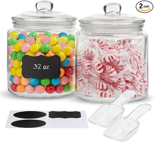 KooK Glass Storage Jars with Lids - 32oz (Set of 2), Kitchen Canisters for Sugar, Cookies, Cotton Balls, Glass Containers with Chalkboard Labels and Airtight Lid
