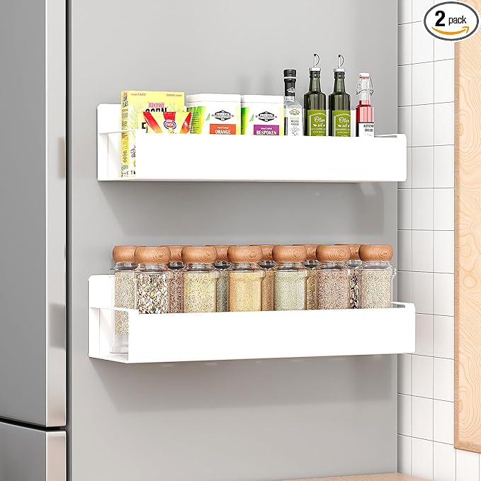 2 Pack Moveable Fridge Magnetic Spice Racks,Metal White