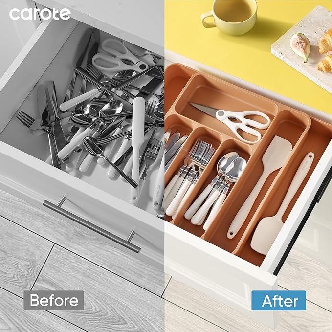 CAROTE Silverware Organizer for Spoons Forks Knives, Expandable Kitchen Drawer Organizer, BPA Free Adjustable Flatware and Cutlery Drawer Organizer, Large, Terracotta