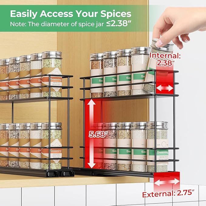 Pull Out Spice Rack Organizer for Cabinet, Slide Out Spice Racks, Easy to Install Spice Cabinet Organizers, 2.75''Wx10.35''Dx8.26''H, 2 Drawer 2 Tiers(Black