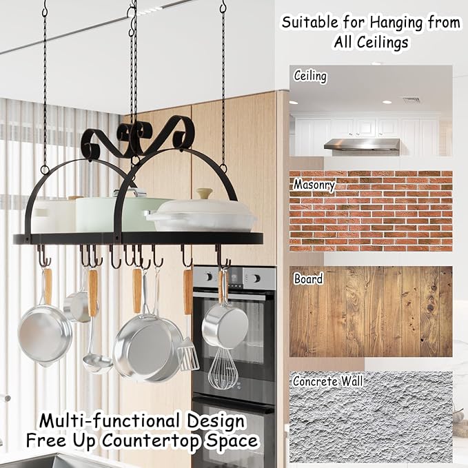 Hanging Pot Rack Ceiling Mount, 33" Metal Ceiling Pan Hanging Rack with 15 S Hooks, Oval Pot and Pan Storage Rack, Decorative Vintage Brown Pot Hangers for Kitchen Organize Utensils Cookware
