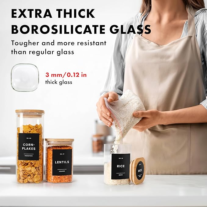 Square Glass Storage Containers with Bamboo Lids 12-Pack (4x 30 oz, 8x 17 oz) Airtight Storage Jars with Lids for Food, Stackable Kitchen Canisters with 114 Labels for Pantry [Thicker Glass 3mm]