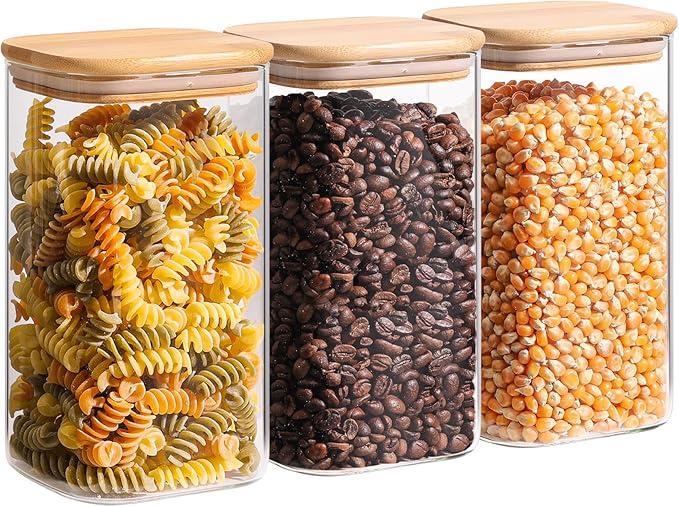 ComSaf 44oz Glass Storage Containers with Lids, Glass Jars with Lids, Clear Food Storage Jar, Square Glass Canister Set of 3, Pantry Organizers and Storage for Flour Oat Pasta Tea Cookie Coffee Bean