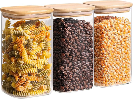 ComSaf 44oz Glass Storage Containers with Lids, Glass Jars with Lids, Clear Food Storage Jar, Square Glass Canister Set of 3, Pantry Organizers and Storage for Flour Oat Pasta Tea Cookie Coffee Bean