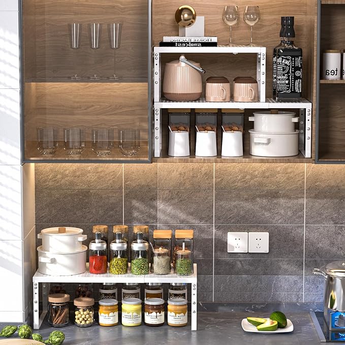 Cabinet Shelf,Expandable Adjustable Stackable Kitchen Organizer,for cabinets, Kitchens, countertops, bathrooms Shelf Organizer(1Pack/White,Large)